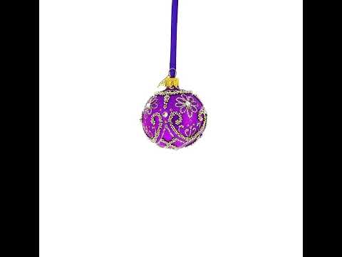 Silver Glitter Florals and Pearl Bead Scrollwork on Purple Glass Ball Christmas Ornament