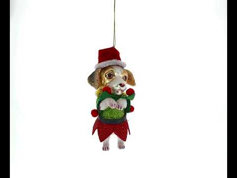 Santa Pup in Elf Costume Glass Christmas Ornament