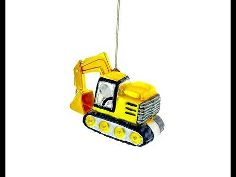 Trackcked Excavator Construction Vehicle with Working Arm Glass Christmas Ornament
