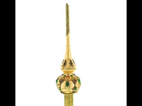 Gold Scrolls Emerald Green Jewels on Pearl White Glass Christmas Tree Topper 11 Inches