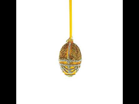 Gold Shard and Pearl Bead Embellished Glass Egg Ornament 4 Inches