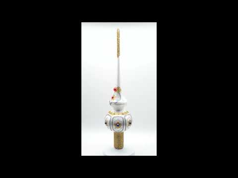 Dimensional Blue and Red Jewels on Silver Mouth Blown Glass Christmas Tree Topper 11 Inches
