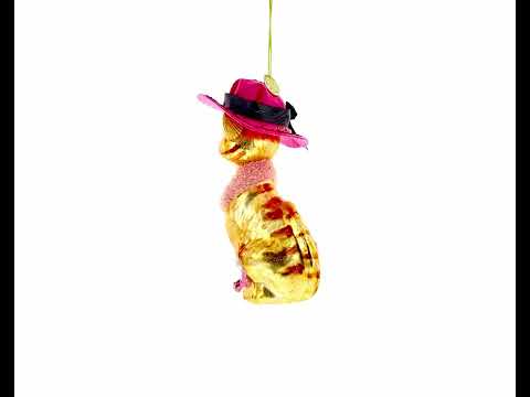 Lady Cat with Pink Hat Glass Christmas Ornament