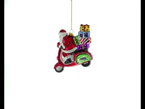 Santa Riding Retro Scooter with Gifts Glass Christmas Ornament