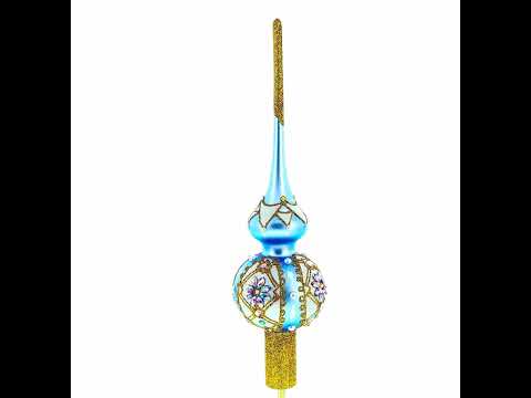 Elegant Blue and Purple Jewel-Encrusted Glass  Tree Topper 11 Inches