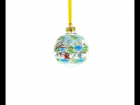 Blue and Yellow Birds on Branch Glass Ball Christmas Ornament 3.25 Inches