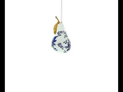 Bird on White Pear with Gold Leaf Glass Christmas Ornament