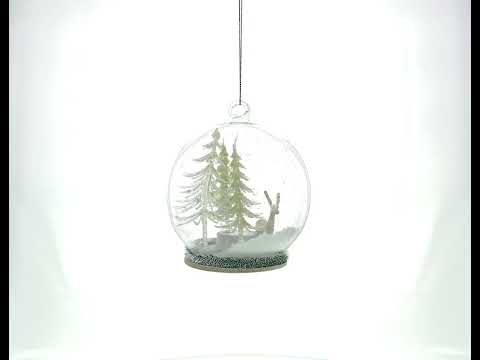 Winter Forest Snow Globe with White Deer Glass Christmas Ornament