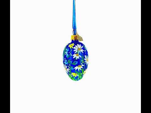 Cobalt Blue with White Daisy Floral Mini Glass Egg Ornament 2.9 Inches