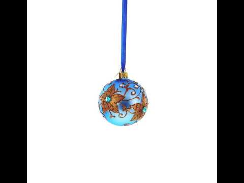 Raised Gold Floral Scrolls and Blue Crystal Accents on Matte Sky Blue Glass Ball Christmas Ornament 3.25 Inches