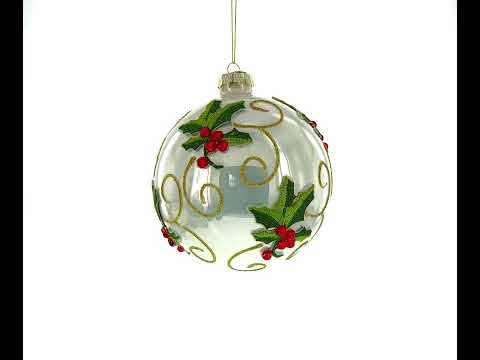 Embroidery Style Poinsettia Glass Ball Christmas Ornament
