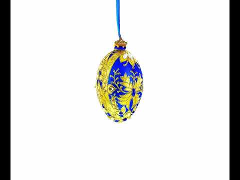 Goldene Wirbel auf blauem Glas-Ei-Ornament, 10 cm