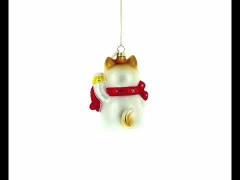 Lucky Maneki Neko Fortune Cat with Gold Coins Glass Christmas Ornament