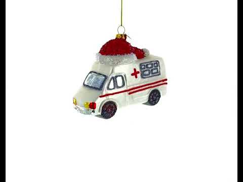 Ambulance in a Santa Hat Glass Christmas Ornament