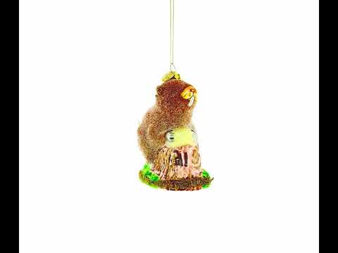 Beaver Holding a Log Glass Christmas Ornament