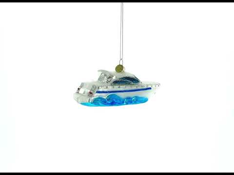 White Yacht Powerboat Glass Christmas Ornament