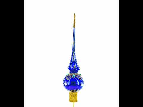 Blue Jewels and White Pearls on Glossy Blue Glass Christmas Tree Topper 11 Inches