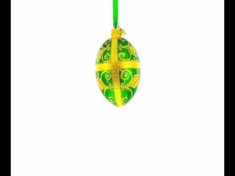 Goldene Blätter auf grünem Glas-Ei-Ornament, 10 cm