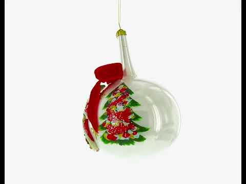 Large Santa with Christmas Tree with Red Bow Glass Ball Christmas Ornament 7 Inches