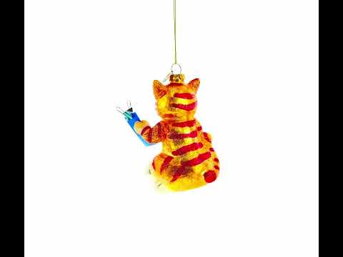 Cat Drawing a Self-Portrait Glass Christmas Ornament