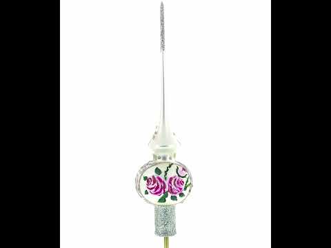 Pink Flowers Bouquet on Silver Glass Christmas Tree Topper 11 Inches
