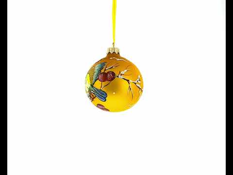 Yellow Birds on Branch Glass Ball Christmas Ornament 3.25 Inches