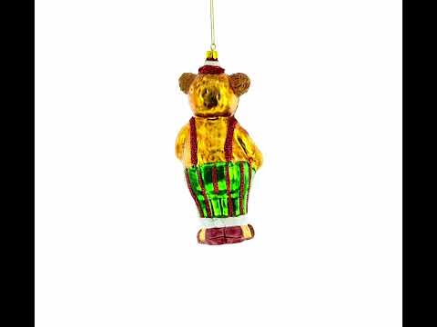 Bear Playing on Accordion Glass Christmas Ornament