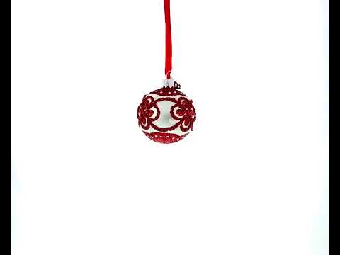 Red Glitter Petals and Beaded Floral Scrolls on White Glass Ball Christmas Ornament