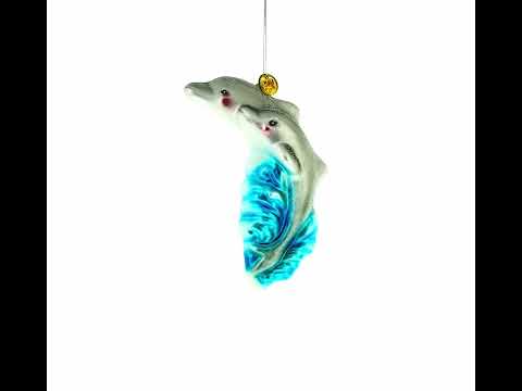 Dolphin Riding the Wave Glass Christmas Ornament