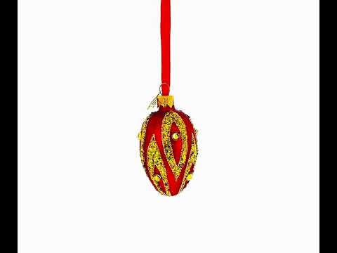 Mini-Glasei-Ornament, rot mit goldenem und grünem Glitzerflammenmuster, 7,4 cm (2,9 Zoll)
