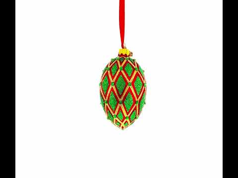 Jeweled Green IKAT on Red Glass Egg Christmas Ornament 4 Inches