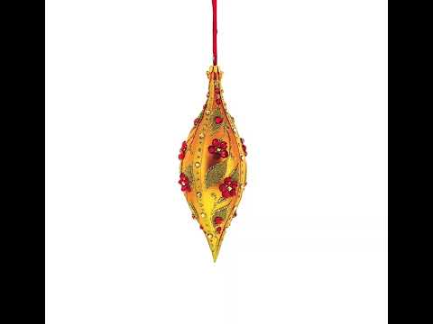 Gold and Red Floral Jeweled Elongated Pointed Teardrop Finial Glass Christmas Ornament