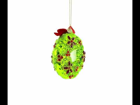 Holiday Wreath with Red Bow and Bells Glass Christmas Ornament