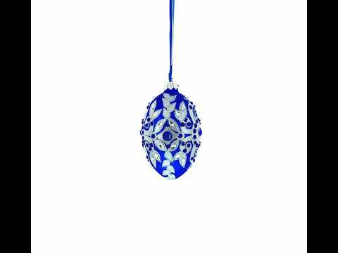 Silbernes Glasei auf blauem Grund, Weihnachtsschmuck, 10 cm