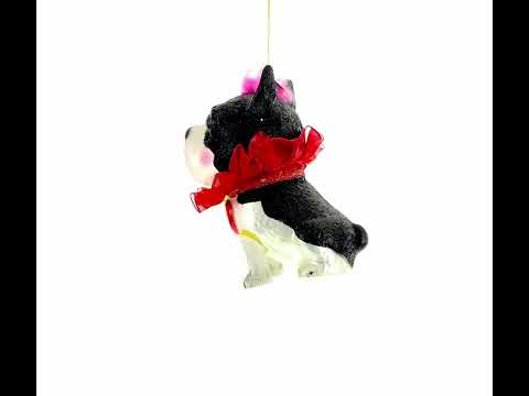 Boston Terrier with Pink Feather Glass Christmas Ornament