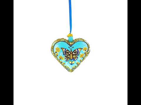 Turquoise Butterfly Elegance Heart Glass Ornament