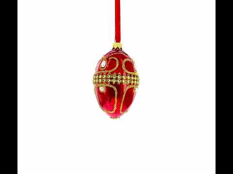Schmuckbesetztes, glänzend rotes Glas-Ei mit weißen Perlen, 10 cm