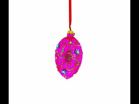 Adorno navideño de huevo de cristal rosa con flores de diamante en espiral de 4 pulgadas