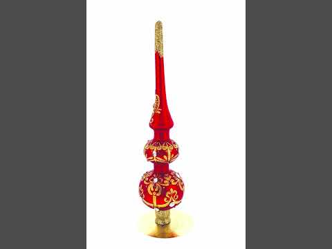 White and Red Jewels with Golden Trellis on Red Glass Christmas Tree Topper 12.5 Inches