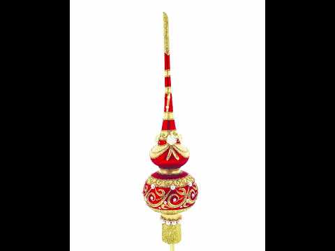 Dimensional Roses and Pearls on Golden ScrollGlass Christmas Tree Topper 11 Inches