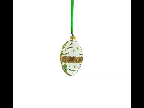 Gold Glitter Scrolls, Green Leaves, and Ivory Flowers on White Glass Egg Ornament 4 Inches