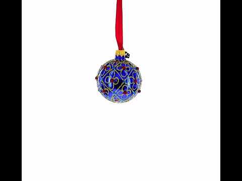 Adorno de bola de cristal dorado con cuentas rojas, cristales azules y filigrana de purpurina de 2,4 pulgadas