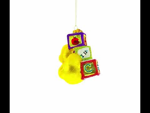 Educational Yellow Duck with ABC Blocks Glass Christmas Ornament