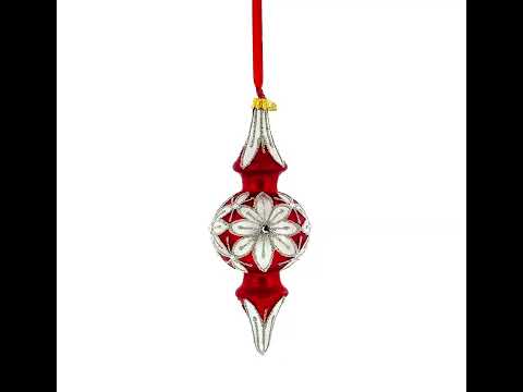 Silver Jeweled Poinsettia Bloom Double-Ended Finial Drop Glass Christmas Ornament