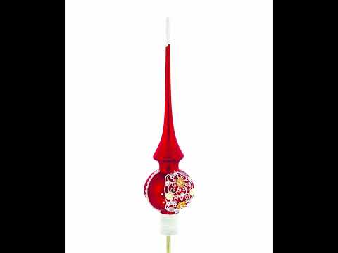 Golden Flowers and Silver Swirls on Red Glass Christmas Tree Topper 11 Inches