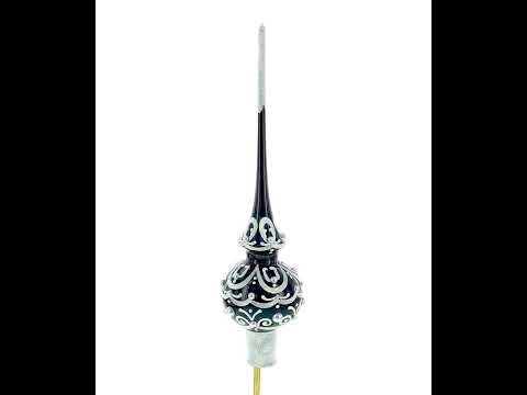 Black & White Scroll Pear Glass Christmas Tree Topper 11 Inches