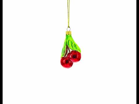 Red Cherries with Green Leaves Glass Christmas Ornament