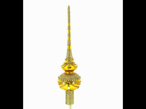White and Golden Jewels on Sparkling Orange Glass Christmas Tree Topper 11 Inches
