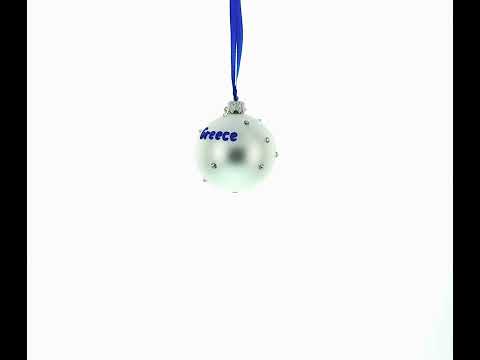 Greek Flag and “Greece” Script with Crystal Accents on Frosted White Glass Ball Christmas Ornament