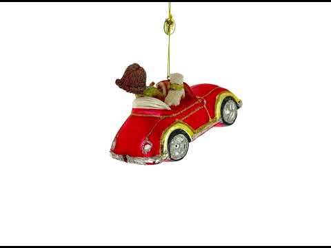 Stylish Woman Driving Pink Cabriolet Glass Christmas Ornament